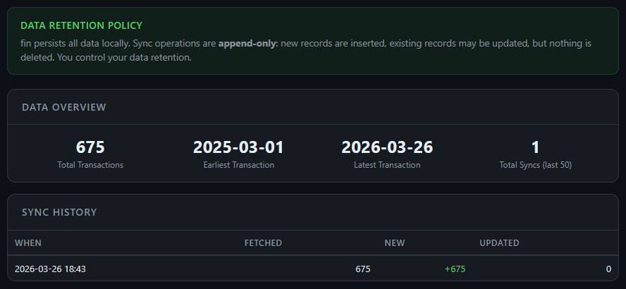 Data retention policy, 675 transactions tracked, and sync history showing append-only audit trail
